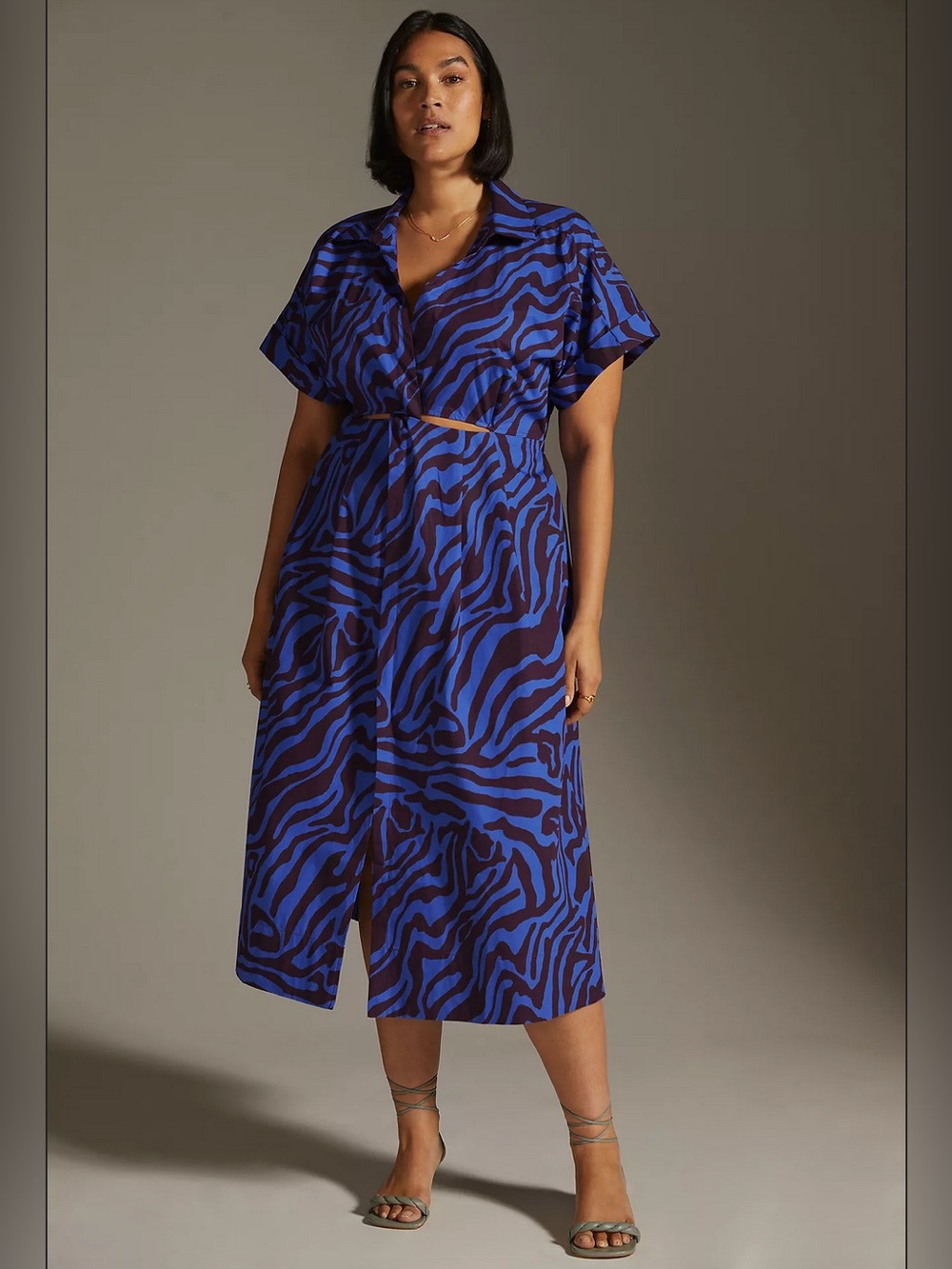Twist-Waist Midi Shirtdress by Anthropologie Size 1x Blue Zebra
